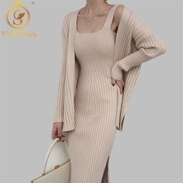 HMA High Quality Winter Women's Casual Long Sleeved Cardigan + Suspenders Sweater Vest Two Piece Runway Dresses Suit 211101