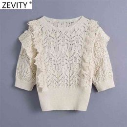 Zevity Women Sweet Lace Crochet Patchwork Hollow Out Short Knitting Sweater Female Chic O Neck Ruffles Slim Pullovers Tops SW711 210812