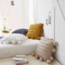 Solid Cushion Cover Floral Tassel Square Pillowcase White Yellow Grey Home Decoration Sofa Pompon 45x45cm 210423