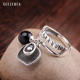 Cluster Rings 925 Sterling Thai Silver Black Agate Lucky Ring Original Design Vintage Cute Charm Open Fine Jewelry For Women