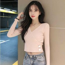 Harteen 2021 Spring Autumn Criss-Cross Fashionable Long Sleeve Women Section Korean Office Lady Sexy Top Women Thin Knit Sweater Y0825