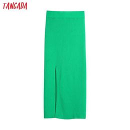 Tangada Women Green Knit Midi Skirt Faldas Mujer Vintage Strethy Waist Office Ladies Elegant Chic Mid Calf Skirts BE953 210609