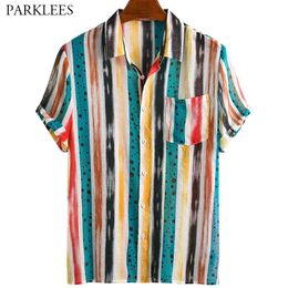 Colourful Striped Summer Shirts for Men Fashion Graffiti Mens Short Sleeve Shirt Casual Patchwork Hommes Chemises with Pocket 3XL 210524