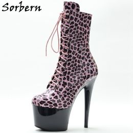 Sorbern 17Cm Leopard Pole Dance Boots Women Stripper High Heels Exotic Ladies Shoes Lace Up Platform Drag Queen Booties