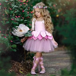 Pink A Line Lotus Flower Girl Dresses For Wedding Knee Length Tiered Short Pageant Gowns Tulle First Communion Dress