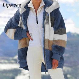 Women Winter Warm Plush Furry Jackets Fashion Patchwork Zipper Pocket Hooded Coats Female Casual Loose Long Sleeve Outerwear 211216