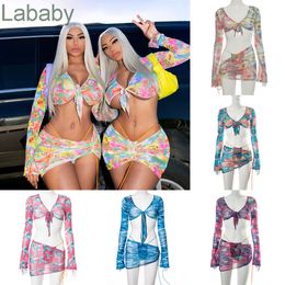 wholesale pink jerseys Canada - 2022 Spring And Summer Two Pieces Dress Women Tie Dye Printed Sexy Navel Exposed Long Sleeve Irregular Drawstring Miniskirt Suit