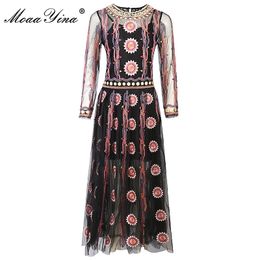 Fashion Designer Summer Black Midi Dress Women Long sleeve Gorgeous Embroidery Vintage Elegant Party 210524