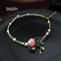 SINZRY unique handmade pearl preserved rose flower vintage trendy necklace band for female party Jewellery accessory