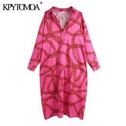 Women Chic Fashion Oversized Chain Print Midi Dress Vintage Long Sleeve Soft Touch Female Dresses Vestidos Mujer 210416