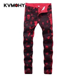 Jeans Men Quality Brand Casual Denim Pants Straight Slim Fit Red Skeleton Printing Male Trousers Hip Hop Mens Skinny Jeans X0621