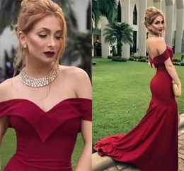 Bridesmaid Dresses Dark Red Mermaid Evening Dress Off Shoulder Sweep Train Prom Party Wedding Guest Gowns M459