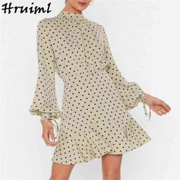 Elegant Woman Dress Autumn Polka Dot Print Ruffle Long Sleeve Stand Collar Female Mini High Waist Office Lady Streetwear 210513