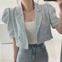 Korea Chic Retro Summer Short Sleeve Lapel T Jacket Straight Puff Cardigan Coat Crop Tops Fashion Sexy Wild 210918