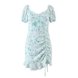 Print Square Collar Dresses Plant Crop Prairie Chic Pleated Draw String Sweet Fashion Wraps Female 210521
