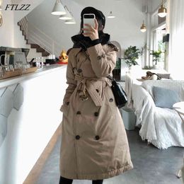 Winter 90% White Duck Down Coat Women Double Breasted Hooded Long Jacket Thick Warm Windbreaker Snow Outwear with Belt 210423