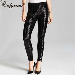 Colysmo Black Shiny Sequin Pants Women Elastic Waist Trousers Sexy Party High Long Pencil Gold Silver 210527