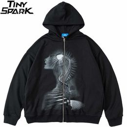 Men Hip Hop Hooded Jacket Streetwear Dark Style Stairs Print Coat Autumn Harajuku Cotton Outwear Black 211110