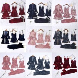 12Style 4pcs Women Pajamas Sets Winter Thicken Warm Velvet Embroidery Lace Home Wear Robes Clothing with Chest Pads Sleepwear 210330
