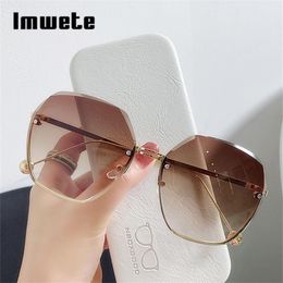 Sunglasses Imwete 2021 Rimless Womens Retro Classic Designer Sun Glasses Gold Metal Eyglasses Pink Shades UV400 Mirror283b