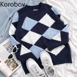 Korobov Autumn Winter New Women Sweaters Korean Harajuku Female Pullovers Vintage Hit Color Patchwork Plaid Sueter Mujer 210430