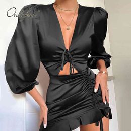 Summer Women Satin Party Long Sleeve Sexy Club Wear Silk Short Ruffle Dress 210415