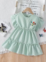 Toddler Girls Vertical Striped & Floral Embroidery Ruffle Sleeve Layered Hem Dress SHE