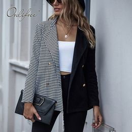 Autumn Women Plaid Blazers Coats Casual Outwear Double Breasted Patchwork Suit Jacket 210415