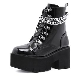 41 42 43 Patent Leather Gothic Black Boots Women Heel Sexy Chain Chunky Heel Platform Boots Female Punk Style Ankle Boots Zipper