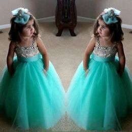 Cute Turquoise Green Flower Girls Dresses Spaghetti Birthday Gowns Straps Crystal Beaded Tulle Toddler Pageant Dresses For Girls