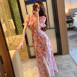 Temperament Pink V Neck Short Sleeve Backless Chiffon Dress Women Floral Print Split Slim Fashion Summer Chic Korean Sweet 210610