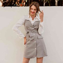 Chic white plaid split joint slim women A-line turndown collar belt mini Office autumn short dress ladies 210414