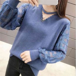 Women Knitted Full Sleeve V-neck Lace Turn-down Collar Lantern Pullovers 210427