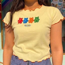 Sweet Girls Cute Bear Embroidery T Shirt Women Summer Short Sleeve Crop Tops Harajuku Street Fashion Tee Shirt Femme K Pop Tees X0628