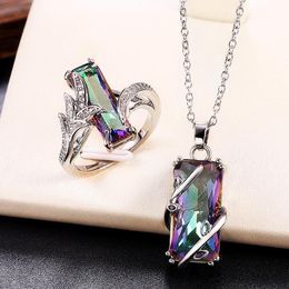 Earrings & Necklace Huitan Multicoloured Rectangular Stone Ring/Necklace Set Novel Design Anniversary Party Women Jewellery Factory Direct Sell