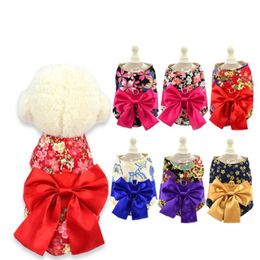 Dog Collars & Leashes Pet Vest Harness Kimono Japanese Style Cherry Blossoms Breathable Dring Leash Set Butterfly Bow Apparel Outfit S M L