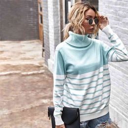 Autumn Winter Fashion Turtleneck Sweater Women Striped Knitted Jumpers Long Sleeve Oversize Tops Ladies Vintage Pullovers 210805