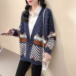 Spring and Autumn Cardigan Knitted Jacket Women's Sweater Lazy Style Loose Outer Wear Western Jacquard Top Women 210427