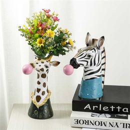 BAO GUANG TA Resin Animal Head Vase Flower Pot Bubble Gum Room Decoration Simulation Zebra Panda Deer Creative Crafts Decor 211215