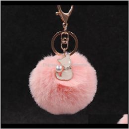 Keychains Fashion Aessories Drop Delivery 2021 Faux Rabbit Fur Keychain Cute Pearl Pink Cat Key Chains For Women Fluffy Keyring Trinket Girl