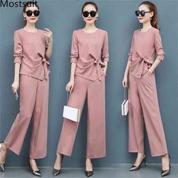 Autumn Elegant Two Piece Sets Outfits Women Plus Size Long Sleeve Bow Tops And Wide Leg Pants Suits Office Korean Pink 210513