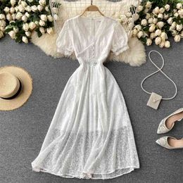 Women Embroidery Lace Long Dress Summer Elegant V-neck Puff Sleeve Vintage Party Female Korean Chic Casual Robe Mujer 210514