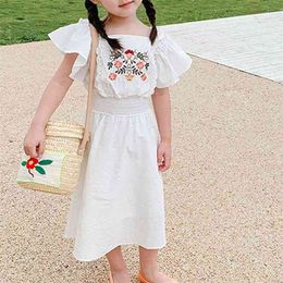 Summer Girls' Dress Temperament Flower Embroidery Waist Flying Sleeves Long Baby Kids Children'S Clothing For Girl 210625
