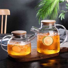 Glass Water Jugs Transparent Teapot 1l/1.8l Large Capacity Thick Heat-resistant Household Flower With Bamboo Cover 210813