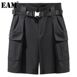 [EAM] High Waist Black Pocket Sashes Knee Length Trousers Loose Fit Cargo Pants Women Fashion Spring Summer 1DD7428 21512