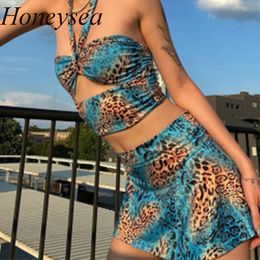 Blue Leopard Print Top Halter Corest Camisole Tank Cropped BacklSexy 2000s Aesthetic StraplCamis Women's Tube Tops X0507