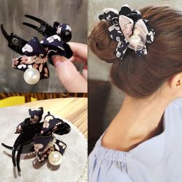 Hot New Korea Fashion Girls Floral Printed Hair Claws Imitiation Pearl Yarn Hair Clip for Women Hair