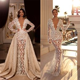 New Design Mermaid Wedding Dresses Deep V Neck Bridal Gown Custom Made Long Sleeves Illusion With Detachable Train Robes De Mariée