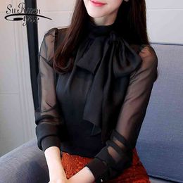 Spring Fashion Women Blouse Shirts Solid Long Sleeve Tie Bow Chiffon Turtleneck Formal White Black 0599 30 210521