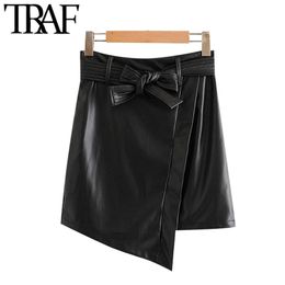 Women Fashion With Belt Faux Leather Asymmetrical Mini Skirt Vintage High Waist Side Zipper Female Skirts Mujer 210507